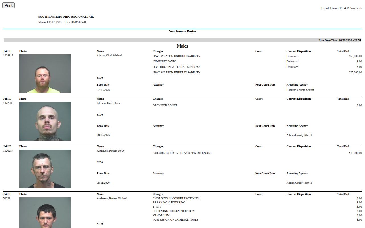 Vinton County current-custody booking record interface at Southeastern Ohio Regional Jail