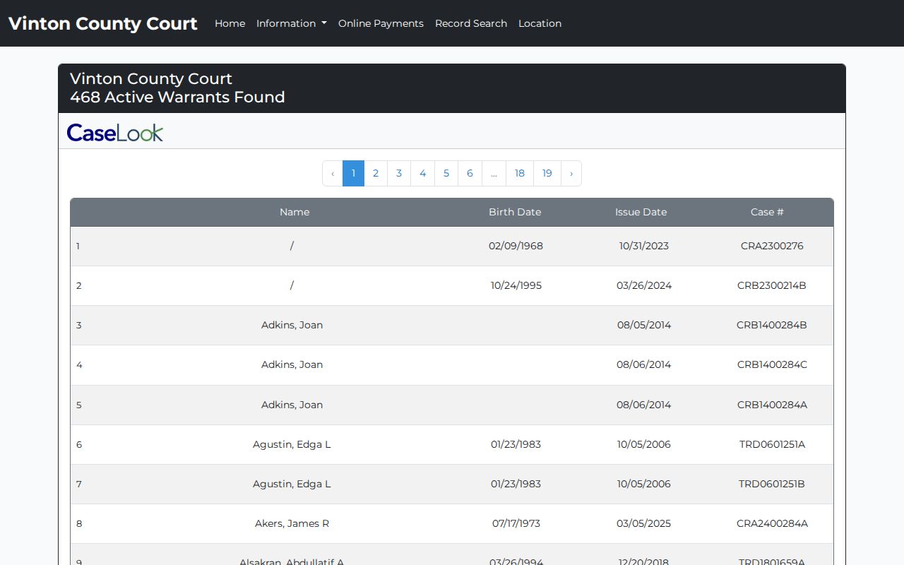 Vinton County active warrant record interface