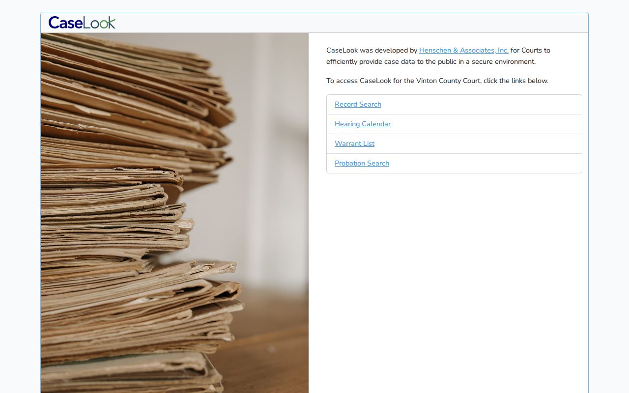 Vinton County Court CaseLook warrant and record search interface