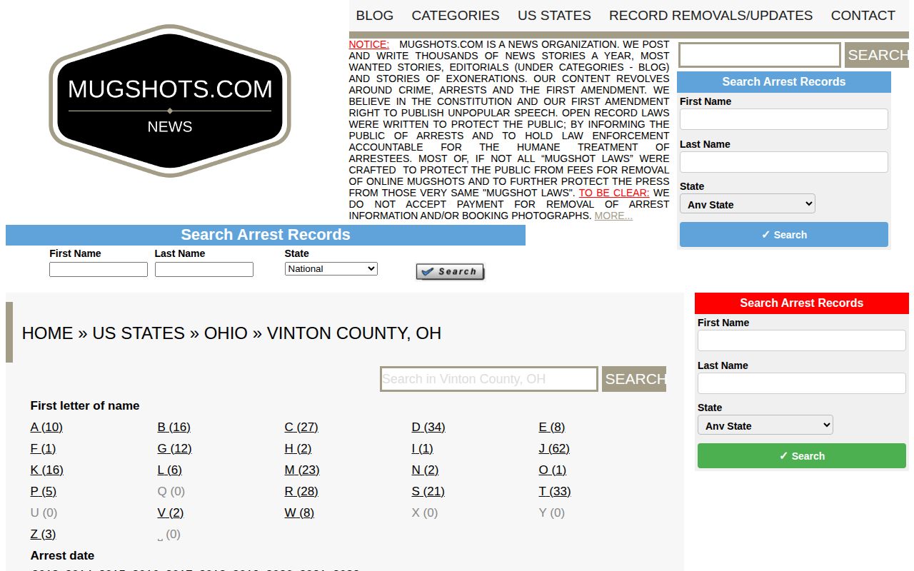 Vinton County crime news source interface from Mugshots.com